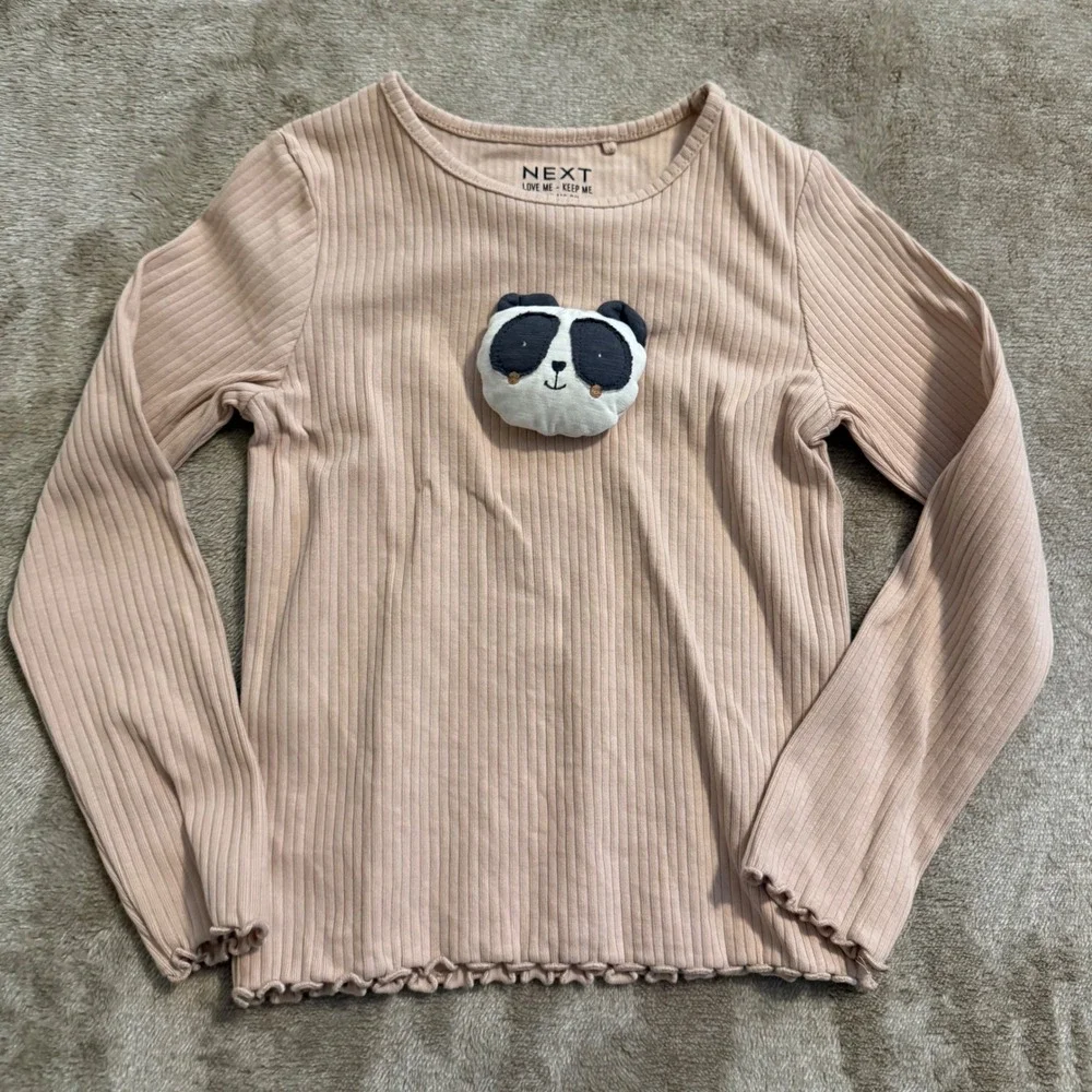 Next Girls 3pc Ribbed Panda Set Pink Top Striped Polka Dot Leggings 4-5Y NWT